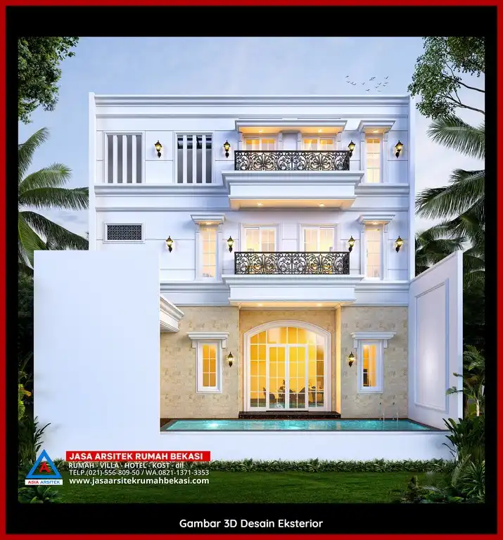 Rekomendasi Jasa Desain Arsitek Per M2 Bekasi Desain rumah klasik mewah dengan arsitektur elegan, pilar megah, dan detail artistik yang menawan, memberikan tampilan mewah dan eksklusif.
