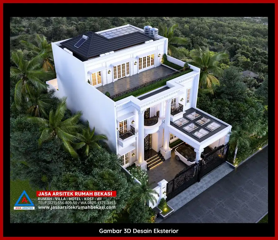 Rekomendasi Jasa Desain Arsitek Per M2 Bekasi Desain rumah klasik mewah dengan arsitektur elegan, pilar megah, dan detail artistik yang menawan, memberikan tampilan mewah dan eksklusif.