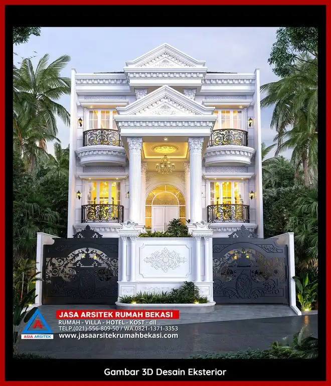 Jasa Desain Rumah 3D fasad rumah klasik mewah di Bekasi Jaya Bekasi dengan pilar megah dan detail elegan