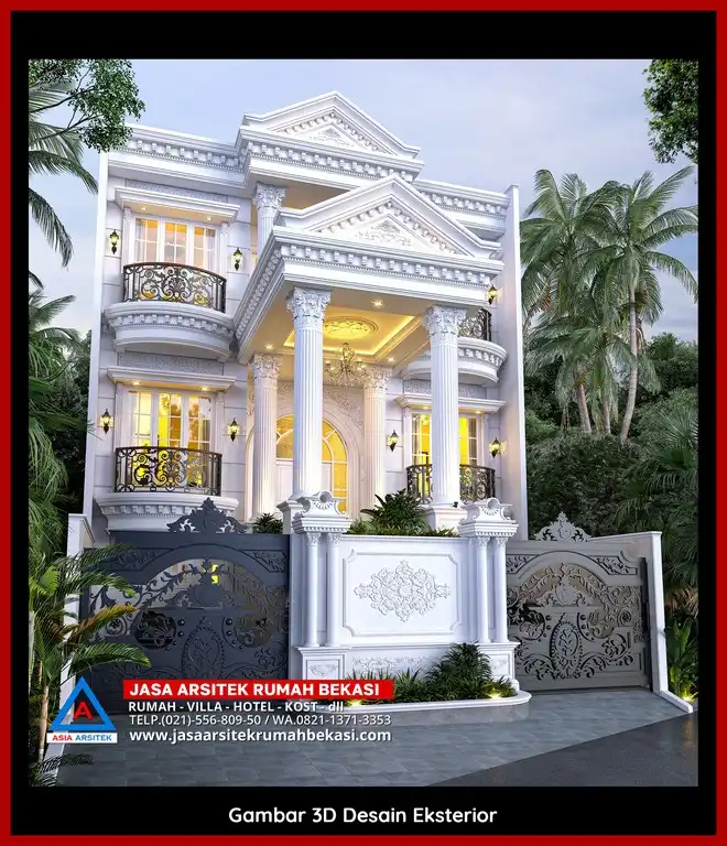 Jasa Desain Rumah 3D fasad rumah klasik mewah di Bekasi Jaya Bekasi dengan pilar megah dan detail elegan