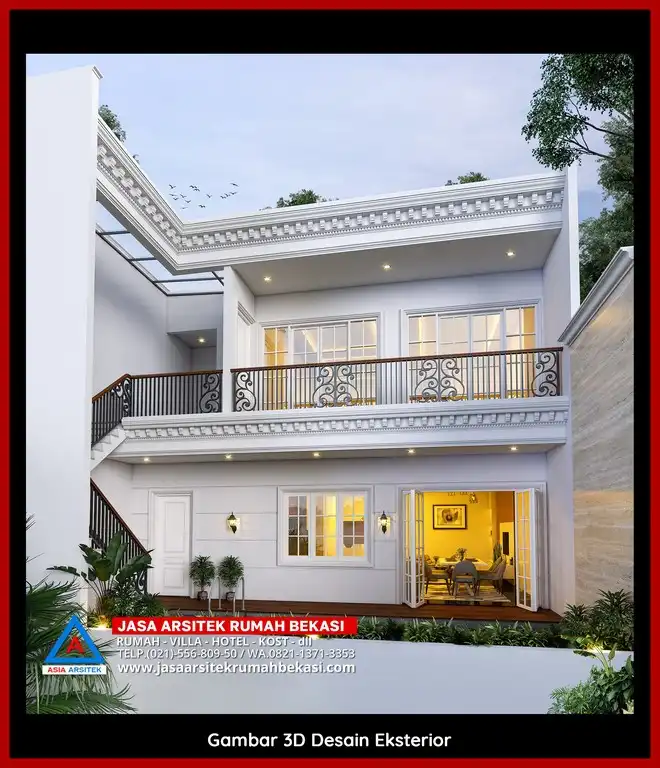 Jasa Desain Rumah 3D fasad rumah klasik mewah di Bekasi Jaya Bekasi dengan pilar megah dan detail elegan