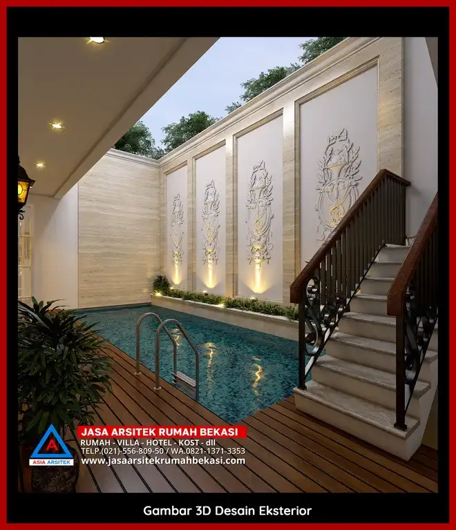 Jasa Desain Rumah 3D fasad rumah klasik mewah di Bekasi Jaya Bekasi dengan pilar megah dan detail elegan