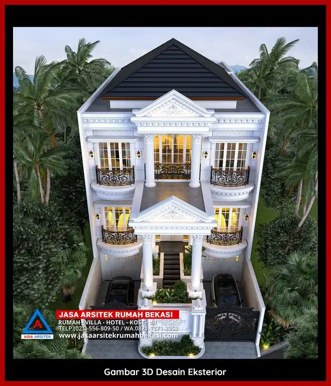 Jasa Desain Rumah 3D fasad rumah klasik mewah di Bekasi Jaya Bekasi dengan pilar megah dan detail elegan