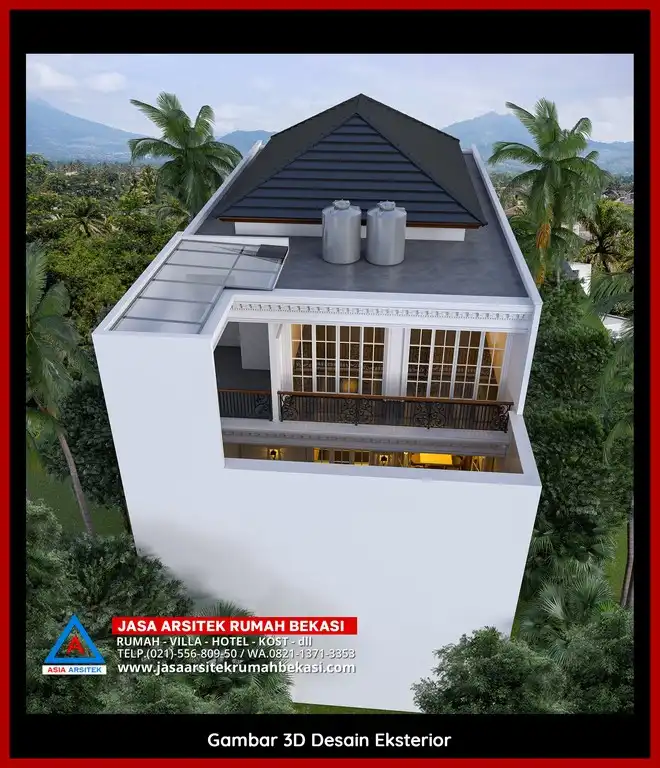 Jasa Desain Rumah 3D fasad rumah klasik mewah di Bekasi Jaya Bekasi dengan pilar megah dan detail elegan