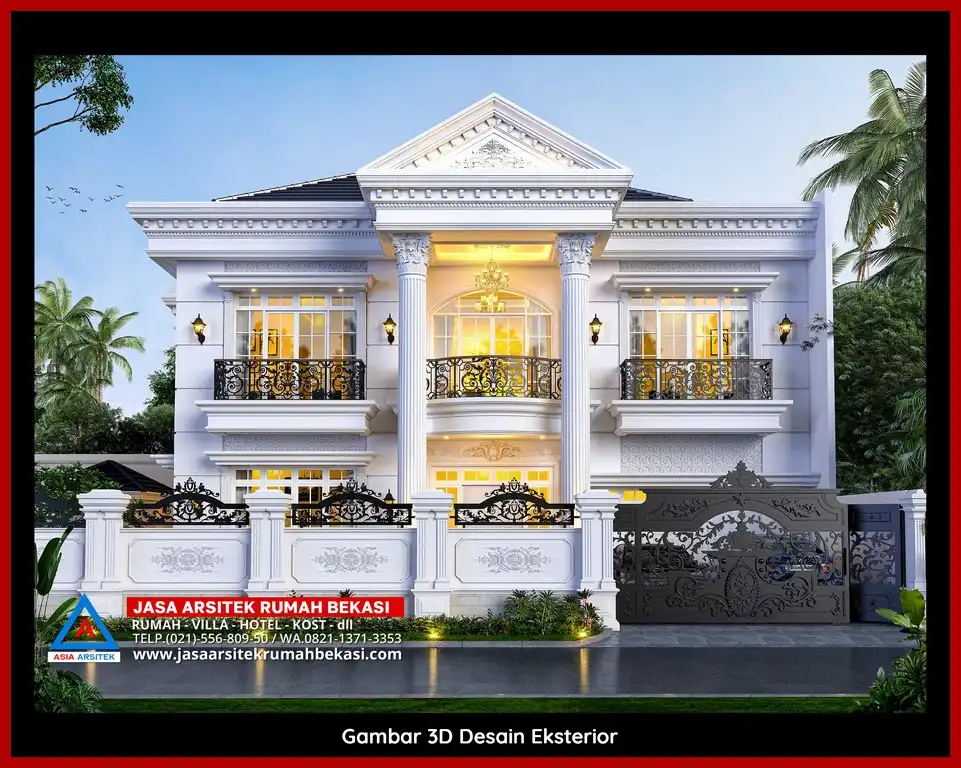 Jasa Desain Rumah 3D fasad rumah klasik mewah di Bintara Bekasi dengan pilar megah dan detail elegan