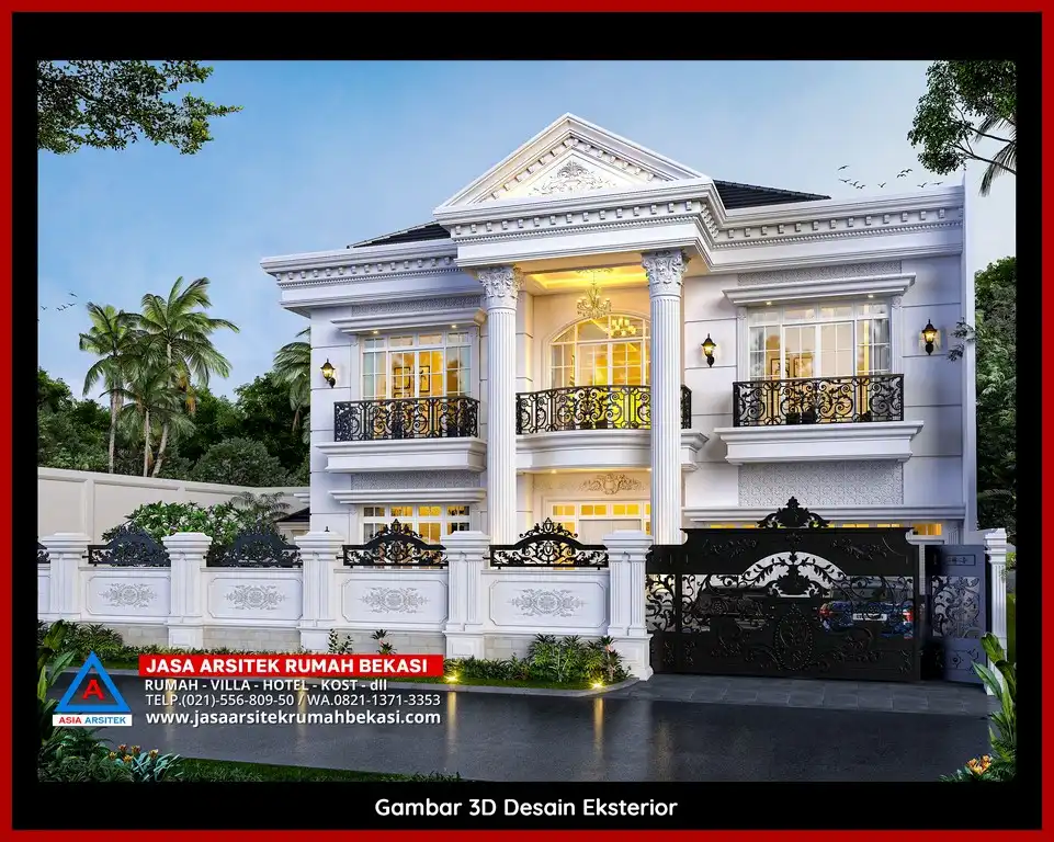 Jasa Desain Rumah 3D fasad rumah klasik mewah di Bintara Bekasi dengan pilar megah dan detail elegan