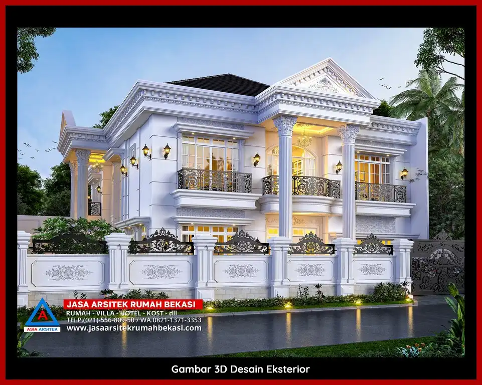 Jasa Desain Rumah 3D fasad rumah klasik mewah di Bintara Bekasi dengan pilar megah dan detail elegan