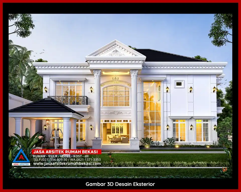 Jasa Desain Rumah 3D fasad rumah klasik mewah di Bintara Bekasi dengan pilar megah dan detail elegan