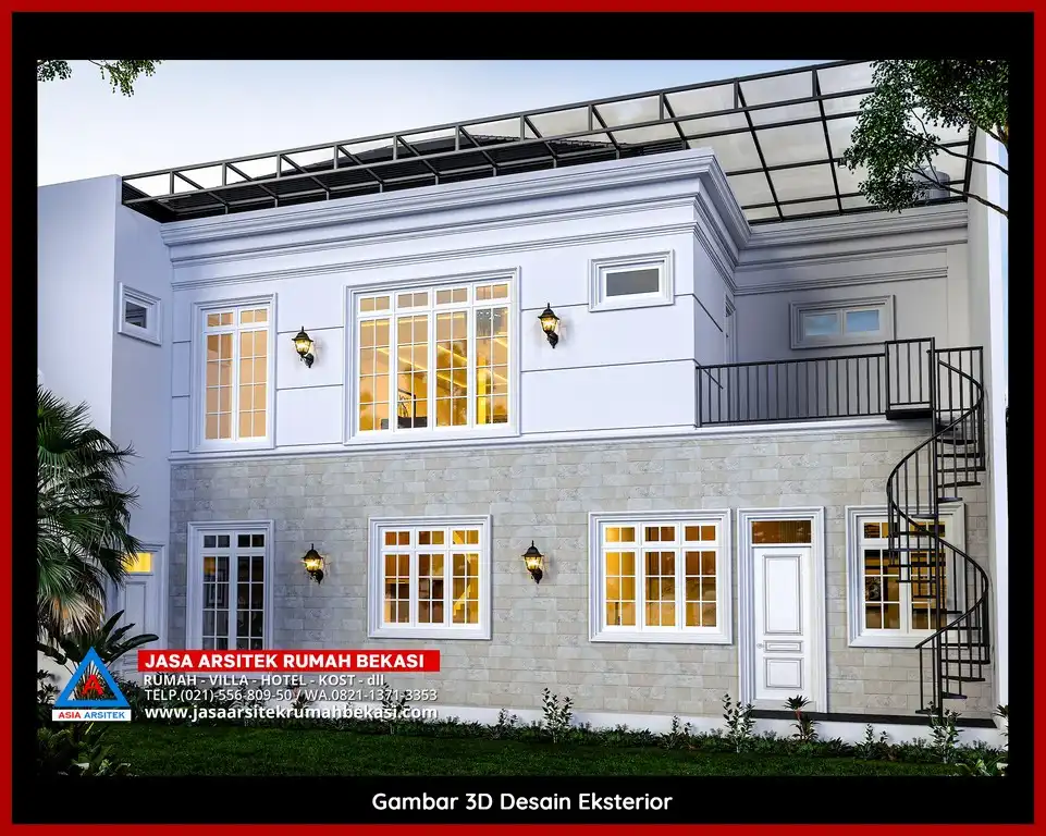 Jasa Desain Rumah 3D fasad rumah klasik mewah di Bintara Bekasi dengan pilar megah dan detail elegan