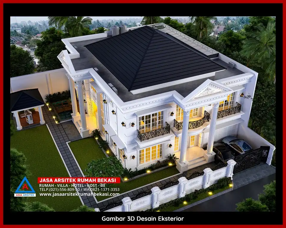 Jasa Desain Rumah 3D fasad rumah klasik mewah di Bintara Bekasi dengan pilar megah dan detail elegan