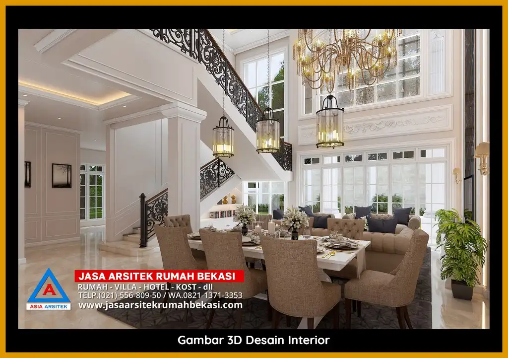 Jasa Desain Rumah 3D fasad rumah klasik mewah di Bintara Bekasi dengan pilar megah dan detail elegan