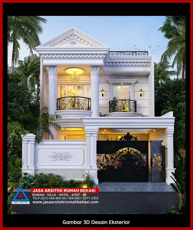 Visualisasi 3D arsitek Jasa Desain Rumah klasik bergaya Eropa di Bintara Jaya Bekasi dengan ornamen mewah