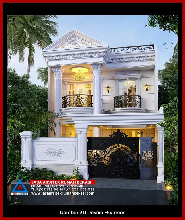 Visualisasi 3D arsitek Jasa Desain Rumah klasik bergaya Eropa di Bintara Jaya Bekasi dengan ornamen mewah