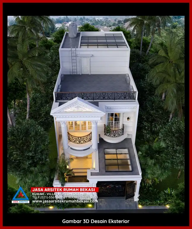 Visualisasi 3D arsitek Jasa Desain Rumah klasik bergaya Eropa di Bintara Jaya Bekasi dengan ornamen mewah
