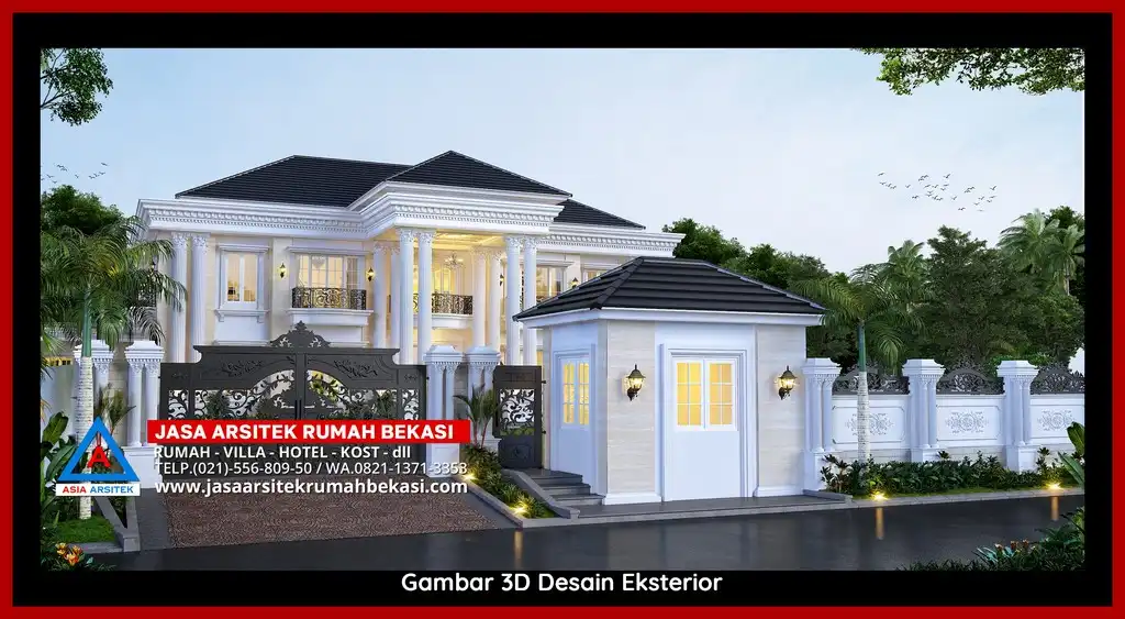 Visualisasi 3D arsitek Jasa Desain Rumah klasik bergaya Eropa di Bojong Menteng Bekasi dengan ornamen mewah