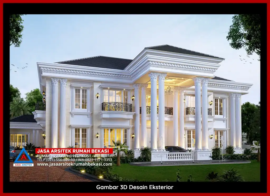 Visualisasi 3D arsitek Jasa Desain Rumah klasik bergaya Eropa di Bojong Menteng Bekasi dengan ornamen mewah