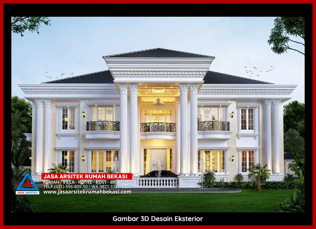 Visualisasi 3D arsitek Jasa Desain Rumah klasik bergaya Eropa di Bojong Menteng Bekasi dengan ornamen mewah
