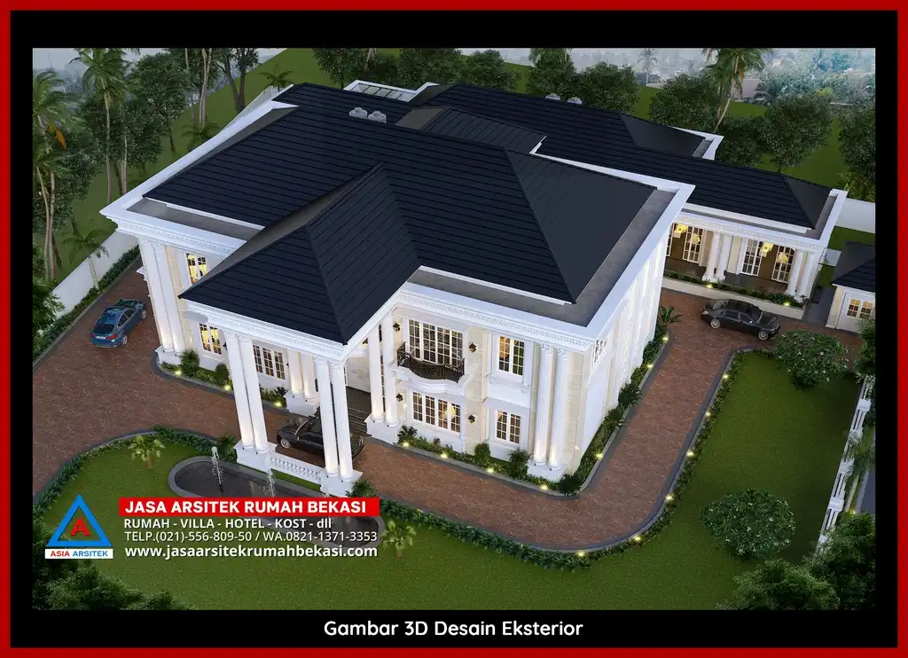 Visualisasi 3D arsitek Jasa Desain Rumah klasik bergaya Eropa di Bojong Menteng Bekasi dengan ornamen mewah