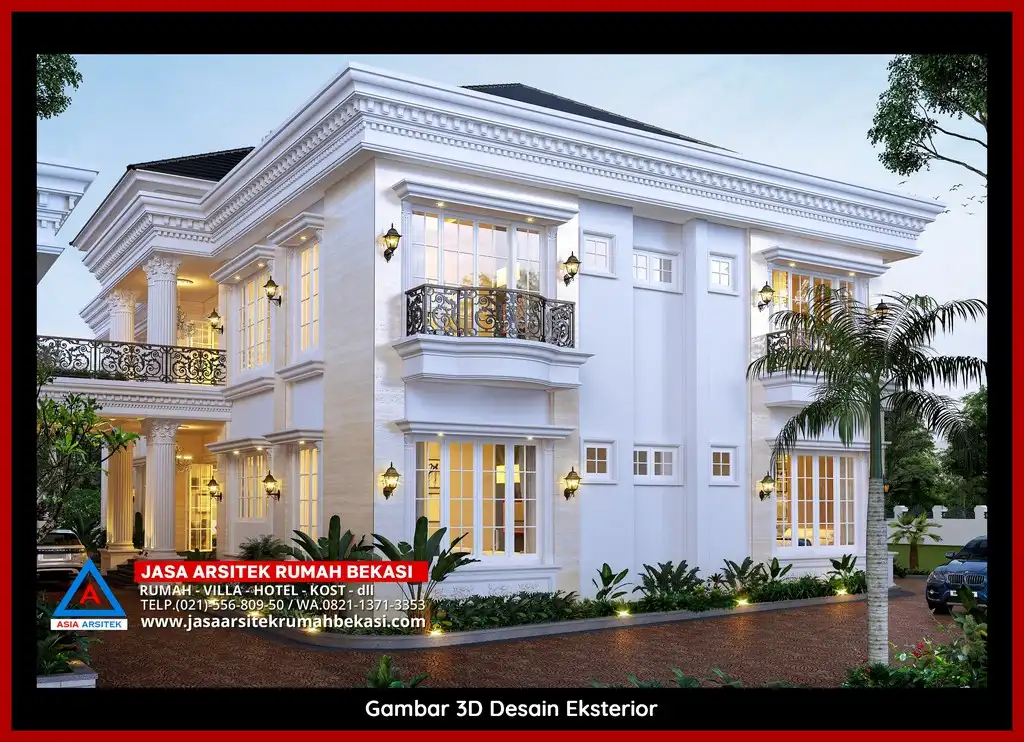 Visualisasi 3D arsitek Jasa Desain Rumah klasik bergaya Eropa di Bojong Menteng Bekasi dengan ornamen mewah