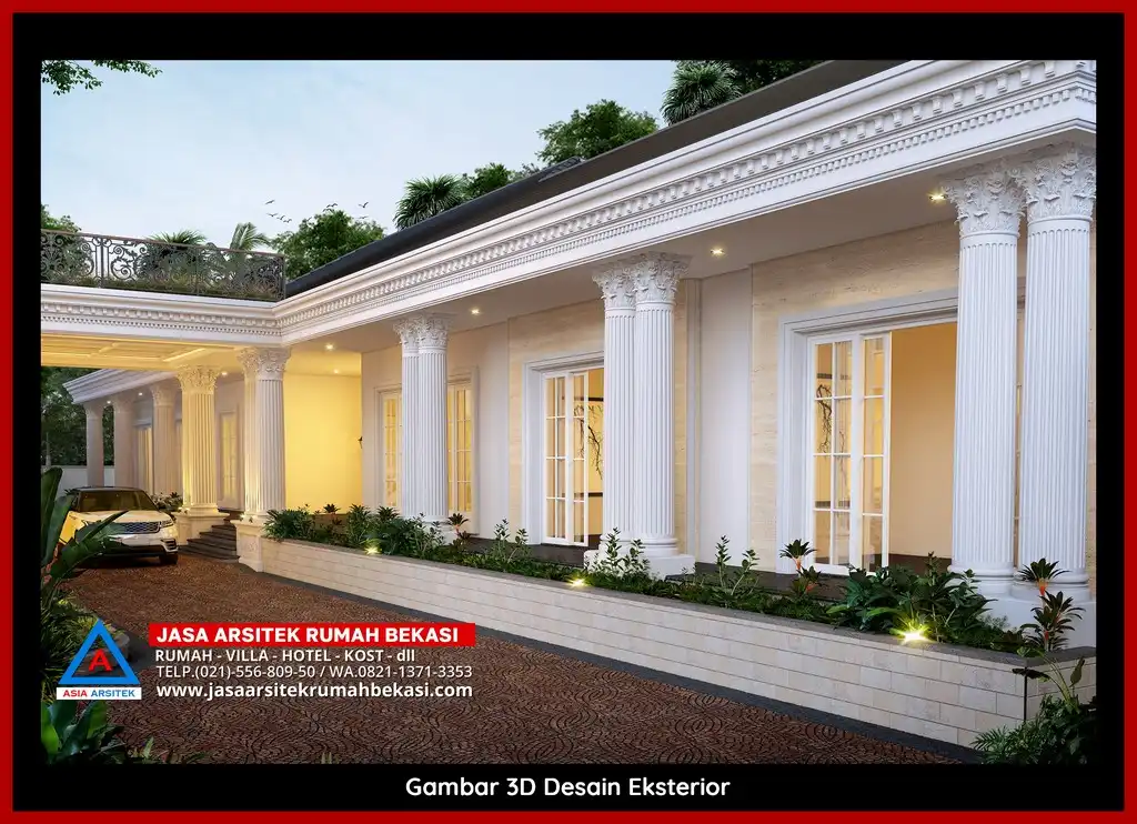 Visualisasi 3D arsitek Jasa Desain Rumah klasik bergaya Eropa di Bojong Menteng Bekasi dengan ornamen mewah