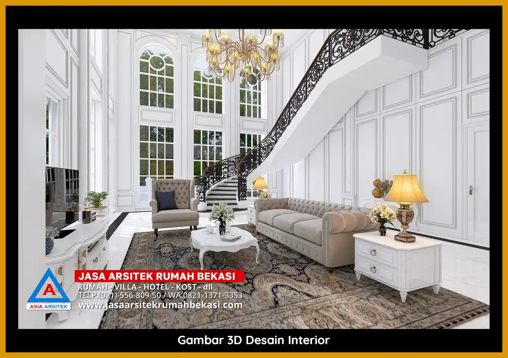 Visualisasi 3D arsitek Jasa Desain Rumah klasik bergaya Eropa di Bojong Menteng Bekasi dengan ornamen mewah