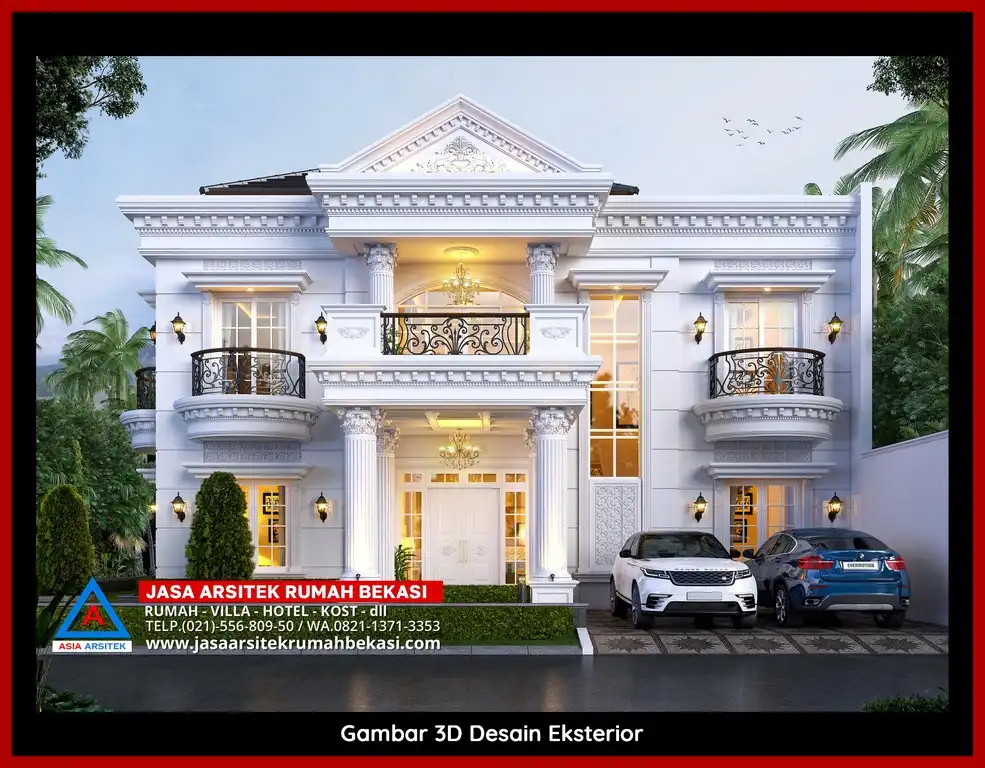 Visualisasi 3D arsitek Jasa Desain Rumah klasik bergaya Eropa di Bojong Rawalumbu Bekasi dengan ornamen mewah