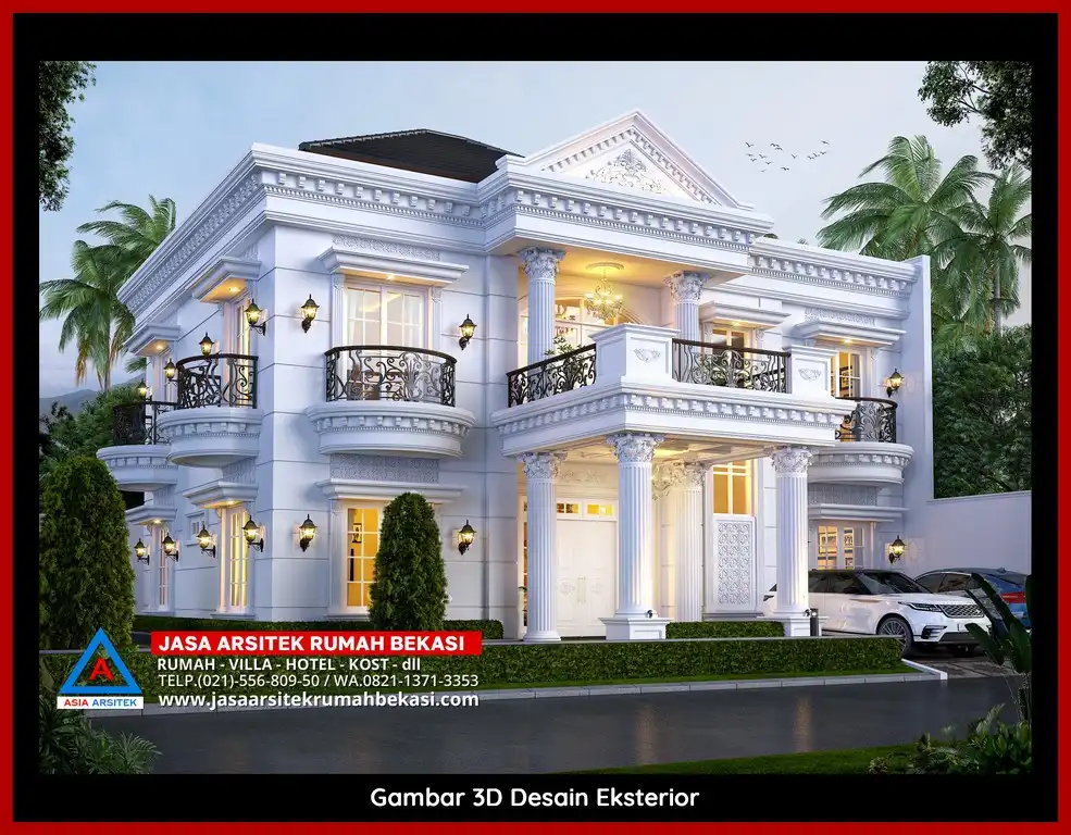 Visualisasi 3D arsitek Jasa Desain Rumah klasik bergaya Eropa di Bojong Rawalumbu Bekasi dengan ornamen mewah