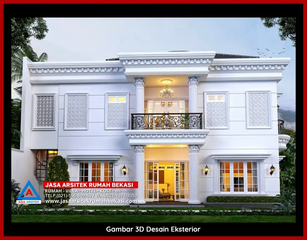 Visualisasi 3D arsitek Jasa Desain Rumah klasik bergaya Eropa di Bojong Rawalumbu Bekasi dengan ornamen mewah