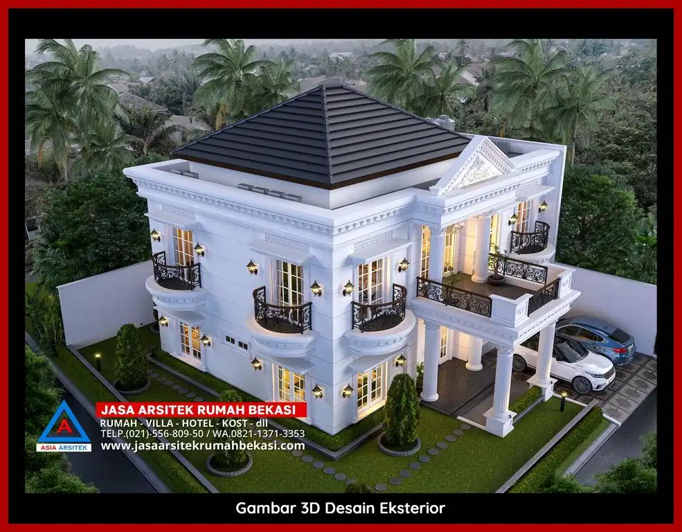 Visualisasi 3D arsitek Jasa Desain Rumah klasik bergaya Eropa di Bojong Rawalumbu Bekasi dengan ornamen mewah