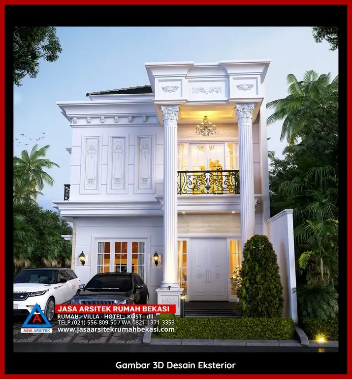 Jasa Desain 3D fasad rumah klasik mewah di Ciketing Udik Bekasi dengan pilar megah dan detail elegan