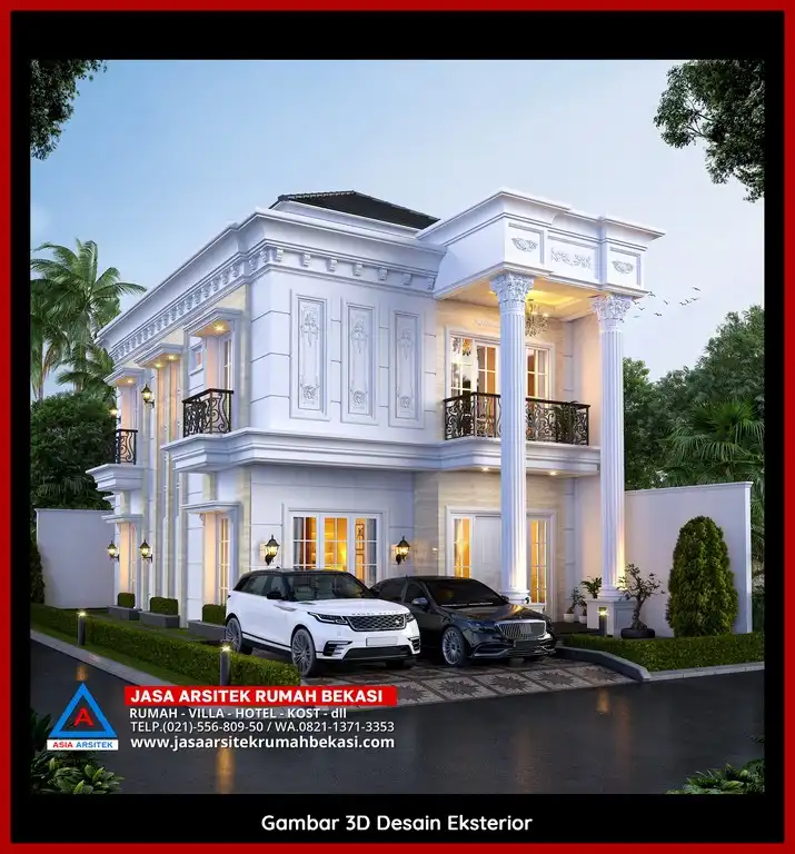 Jasa Desain 3D fasad rumah klasik mewah di Ciketing Udik Bekasi dengan pilar megah dan detail elegan