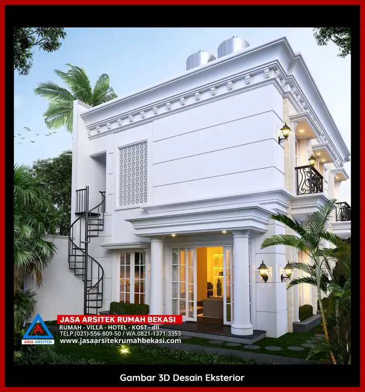 Jasa Desain 3D fasad rumah klasik mewah di Ciketing Udik Bekasi dengan pilar megah dan detail elegan