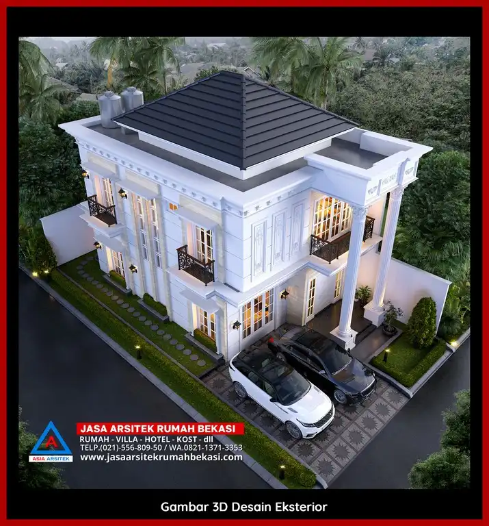 Jasa Desain 3D fasad rumah klasik mewah di Ciketing Udik Bekasi dengan pilar megah dan detail elegan