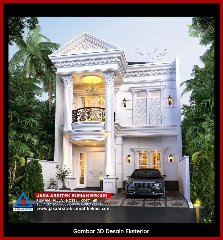 Jasa Desain 3D fasad rumah klasik mewah di Cikiwul Bekasi dengan pilar megah dan detail elegan