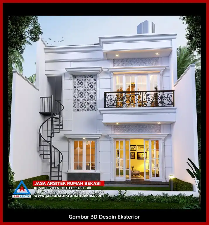 Jasa Desain 3D fasad rumah klasik mewah di Cikiwul Bekasi dengan pilar megah dan detail elegan