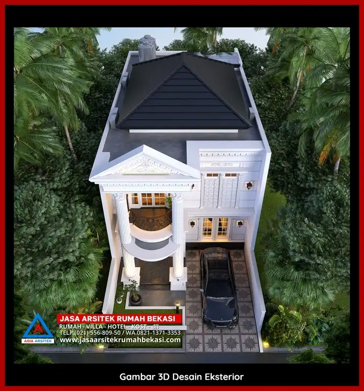 Jasa Desain 3D fasad rumah klasik mewah di Cikiwul Bekasi dengan pilar megah dan detail elegan