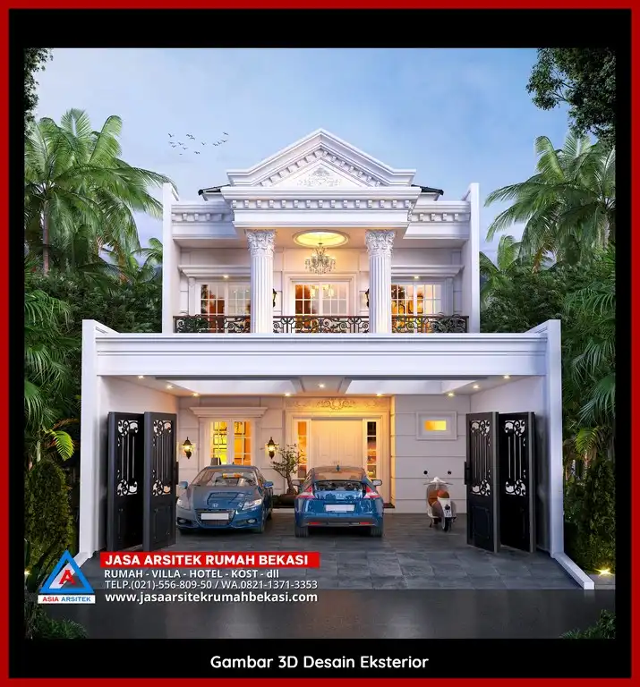 Jasa Desain 3D fasad rumah klasik mewah di Cimuning Bekasi dengan pilar megah dan detail elegan
