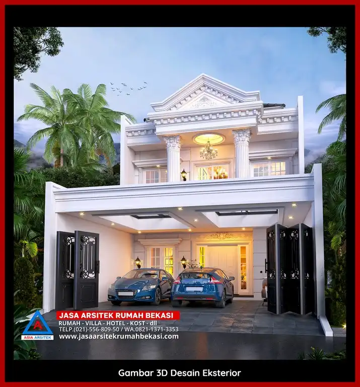 Jasa Desain 3D fasad rumah klasik mewah di Cimuning Bekasi dengan pilar megah dan detail elegan