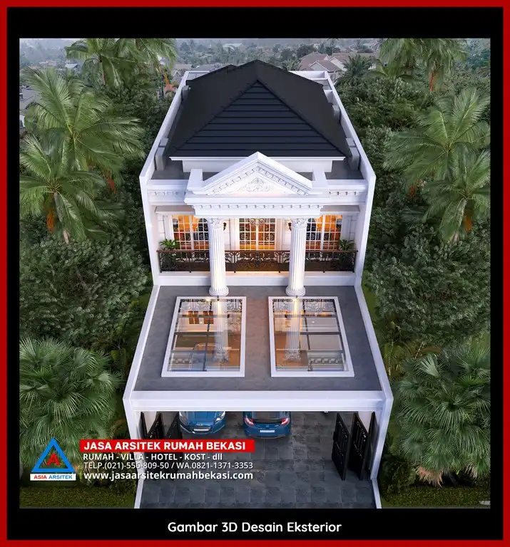Jasa Desain 3D fasad rumah klasik mewah di Cimuning Bekasi dengan pilar megah dan detail elegan