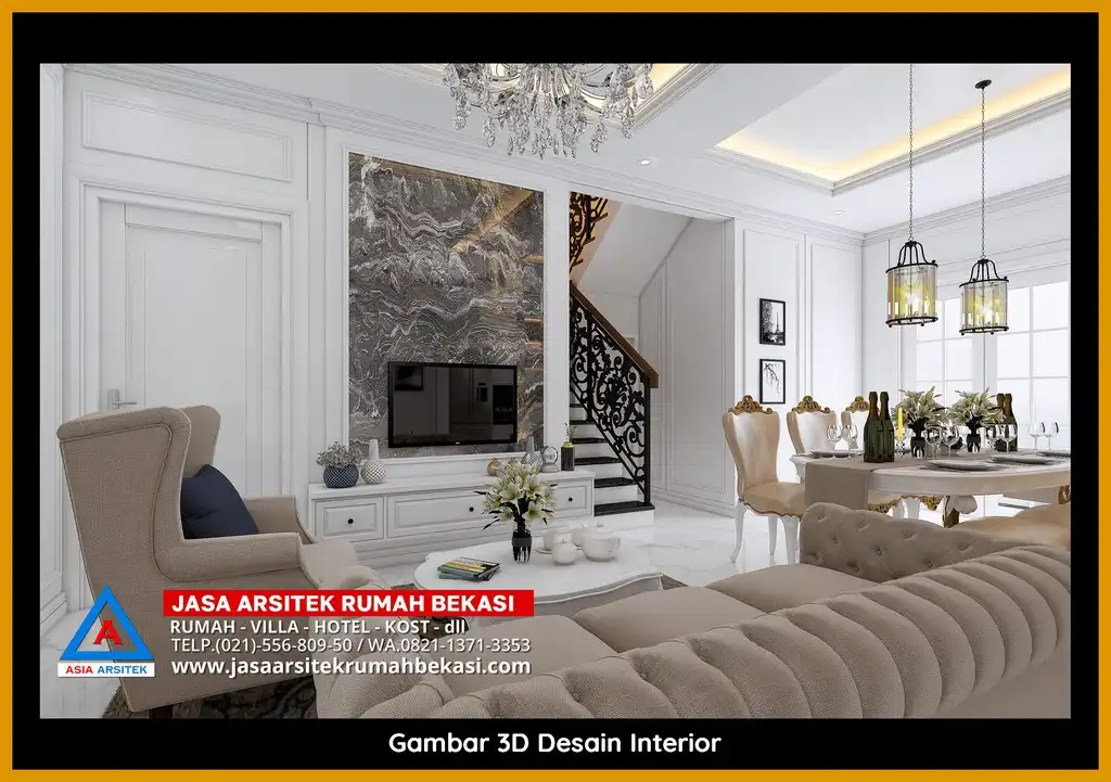Jasa Desain 3D fasad rumah klasik mewah di Cimuning Bekasi dengan pilar megah dan detail elegan