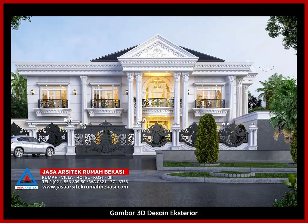 Jasa Desain 3D fasad rumah klasik mewah di Duren Jaya Bekasi dengan pilar megah dan detail elegan