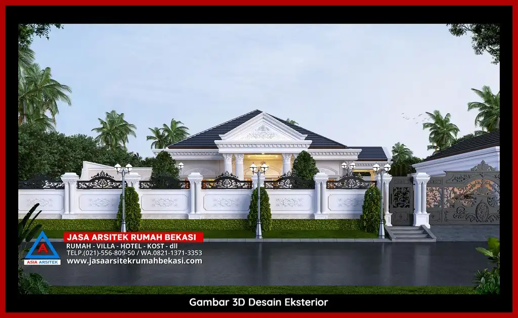 Jasa Desain Rumah 3D fasad rumah klasik mewah Gratis di Harapan Baru Bekasi dengan pilar megah dan detail elegan