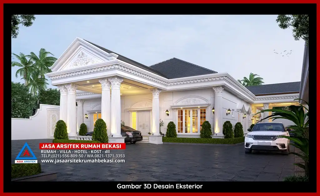 Jasa Desain Rumah 3D fasad rumah klasik mewah Gratis di Harapan Baru Bekasi dengan pilar megah dan detail elegan