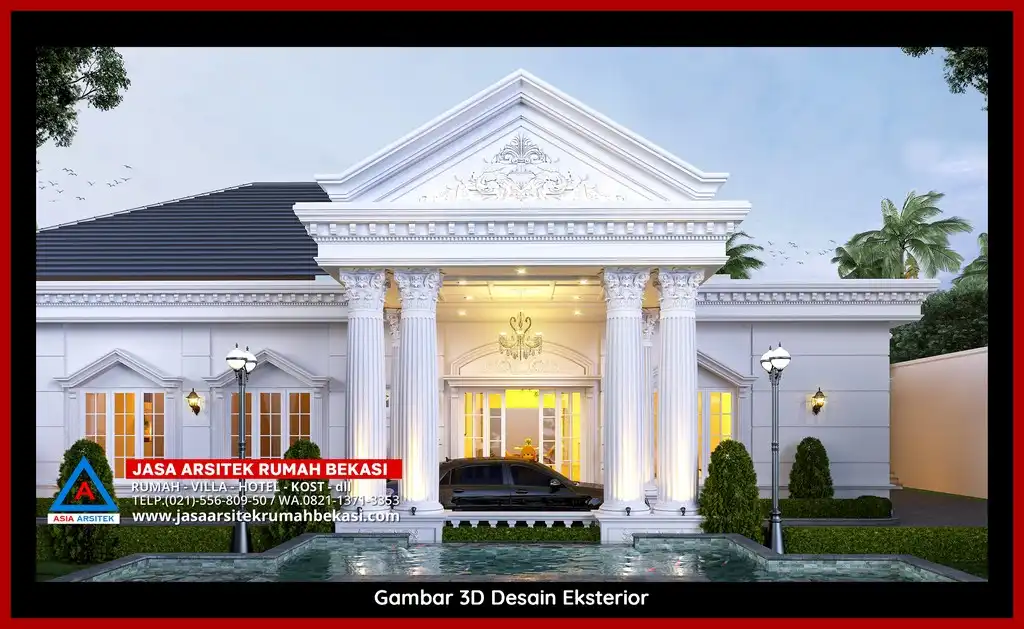 Jasa Desain Rumah 3D fasad rumah klasik mewah Gratis di Harapan Baru Bekasi dengan pilar megah dan detail elegan