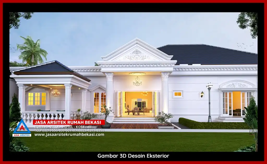Jasa Desain Rumah 3D fasad rumah klasik mewah Gratis di Harapan Baru Bekasi dengan pilar megah dan detail elegan