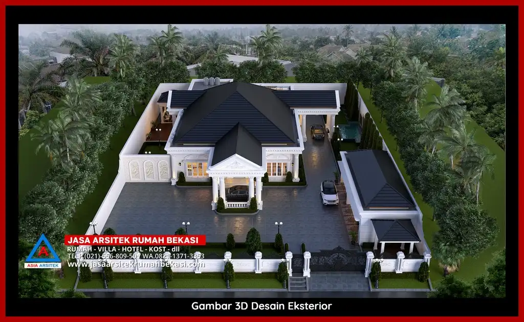 Jasa Desain Rumah 3D fasad rumah klasik mewah Gratis di Harapan Baru Bekasi dengan pilar megah dan detail elegan