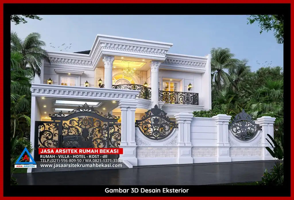 Jasa Desain Rumah 3D fasad rumah klasik mewah Gratis di Harapan Mulya Bekasi dengan pilar megah dan detail elegan