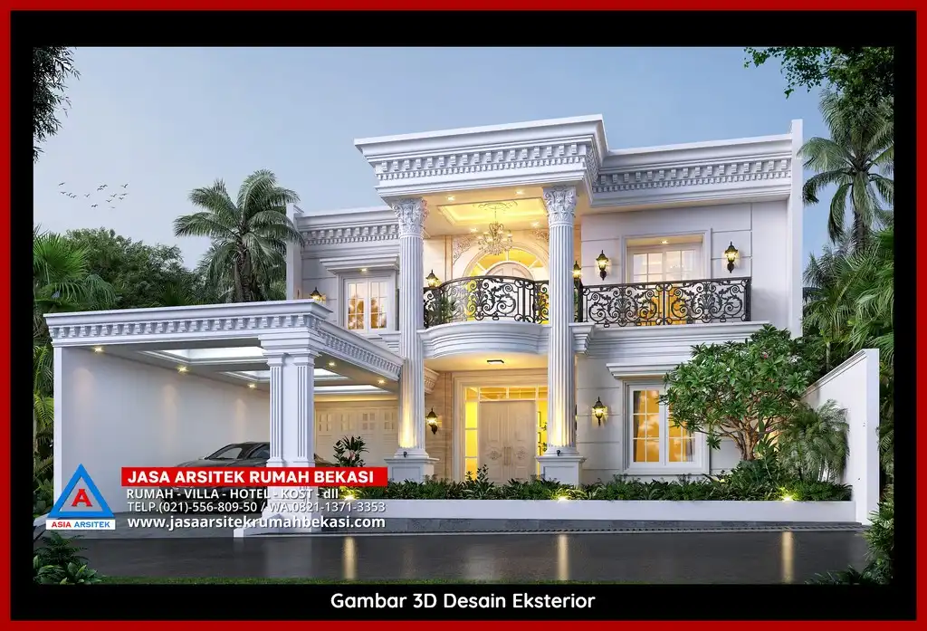 Jasa Desain Rumah 3D fasad rumah klasik mewah Gratis di Harapan Mulya Bekasi dengan pilar megah dan detail elegan