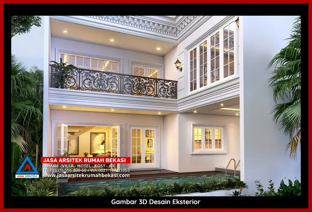 Jasa Desain Rumah 3D fasad rumah klasik mewah Gratis di Harapan Mulya Bekasi dengan pilar megah dan detail elegan