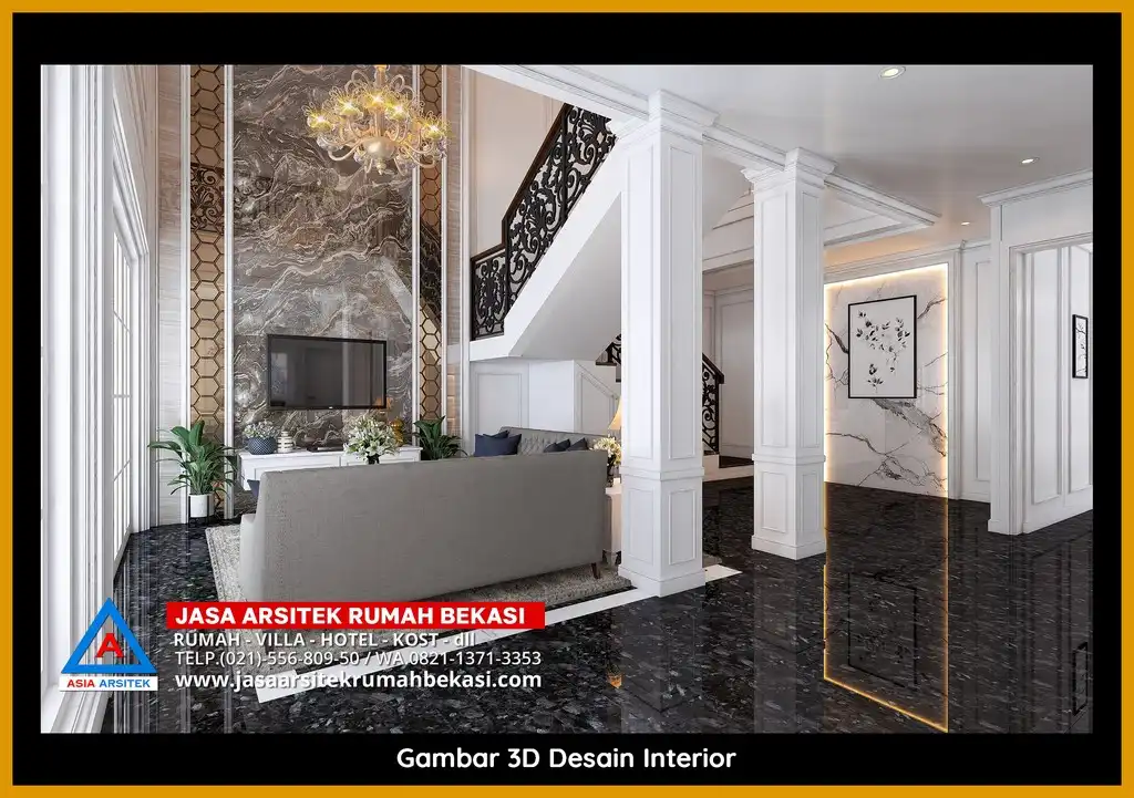 Jasa Desain Rumah 3D fasad rumah klasik mewah Gratis di Harapan Mulya Bekasi dengan pilar megah dan detail elegan